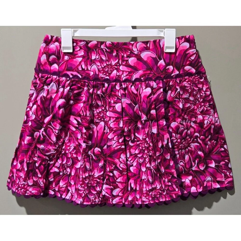 Kika Vargas Pink Mum Floral Print Scallop Edge Faux Wrap Mini Skirt - Picture 2 of 8